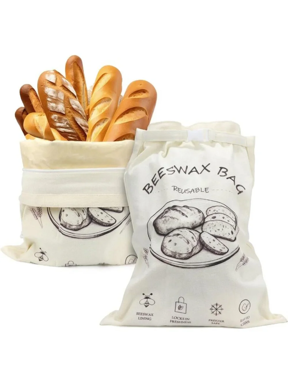 Reusable Organic Cotton Beeswax Bread Bags 2-Pack | Eco-Friendly, Large